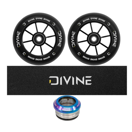 Set 2ks koleček Divine 110 mm Spoked černé + Divine griptape + Divine headset